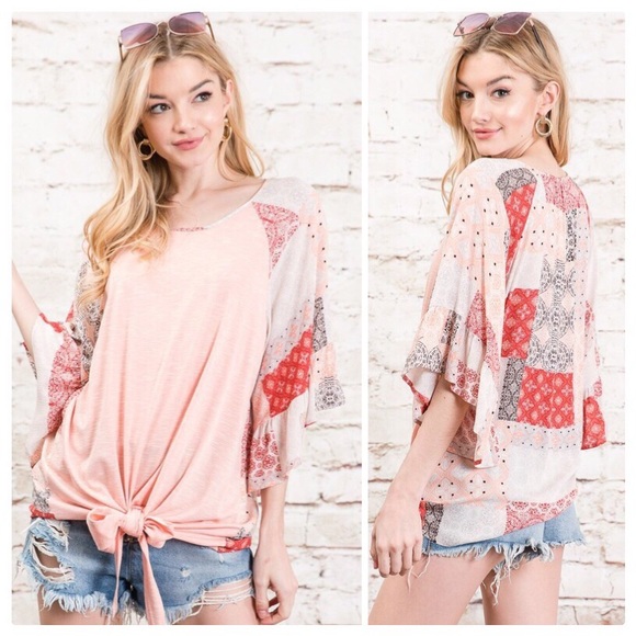 Davi & Dani Tops - Abigail Boho Patchwork Tie Front Draped Top
